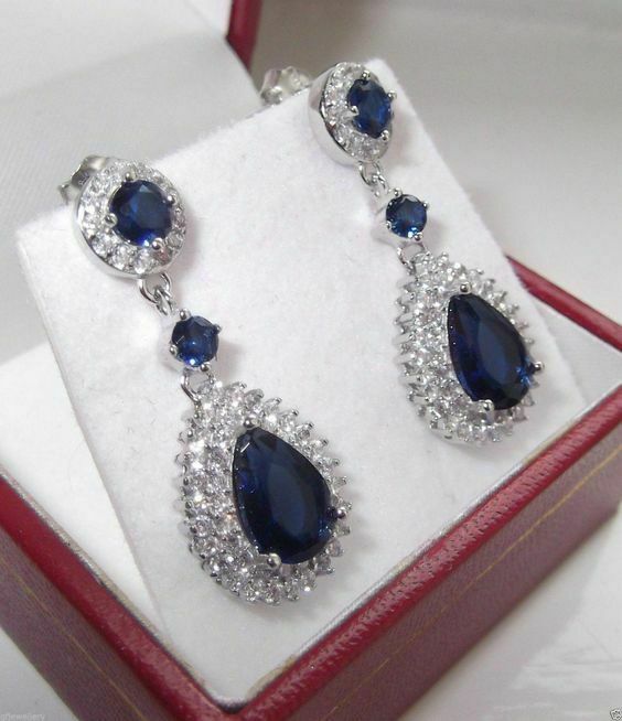 5538SAPHG - Rhinestone Pear V Pearl Drop Earrings - Sapphire Gold Pla