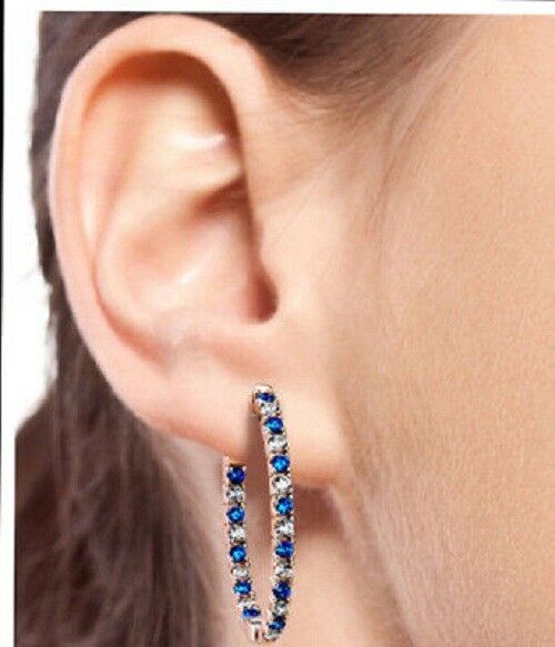 3 CT Round Cut Blue Sapphire 925 Sterling Silver Engagement Diamond Hoop Earrings