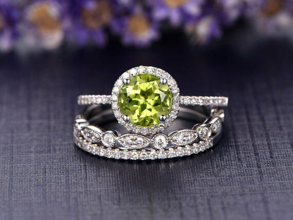 3 CT Round Cut Peridot Diamond Engagement Wedding Bridal Ring Set 14k Gold Over - atjewels.in