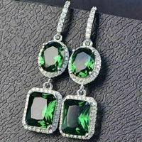 4CT Green Emerald Halo Long Drop Womens Wedding Hook Earring 925 Sterling Silver