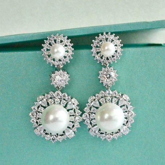 3 CT Round Cut Pearl Diamond 14k White Gold Over Chandelier Drop Dangle Earrings - atjewels.in