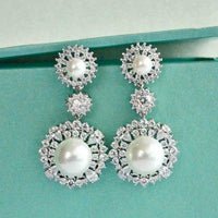 3 CT Round Cut Pearl Diamond 14k White Gold Over Chandelier Drop Dangle Earrings - atjewels.in