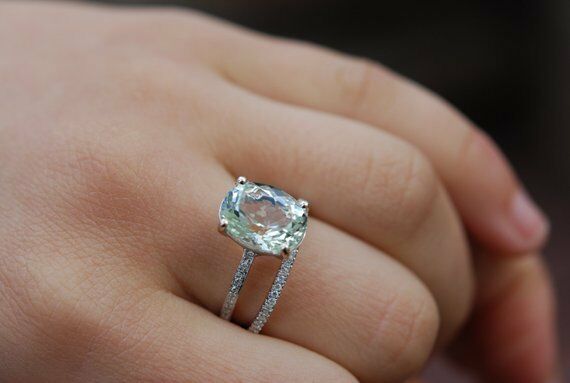 1.5 CT Oval Cut 14k White Gold Finish Aquamarine Split Shank Engagement Ring - atjewels.in