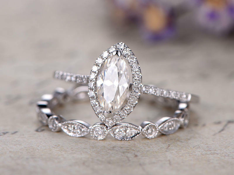 3 CT Marquise Cut Moissanite Halo Diamond 14k White Gold Over Bridal Ring Set - atjewels.in