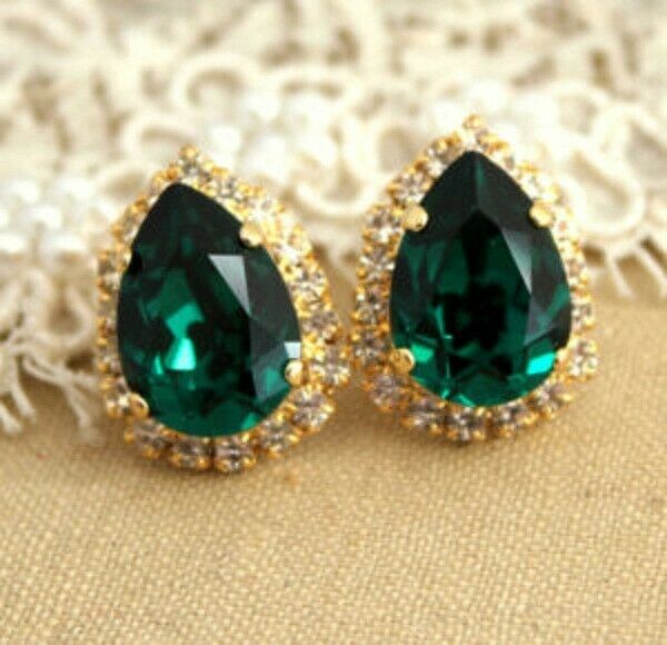 14K Yellow Gold Over Pear Cut Green Emerald & Diamond Halo Wedding Stud Earrings - atjewels.in
