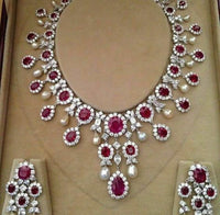 50 CT Multi Cut Ruby 14k White Gold Over 16" Pearl Wedding Party Necklace Set - atjewels.in