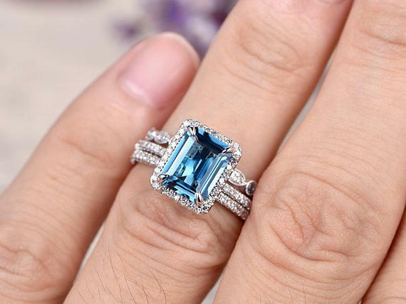 3 CT Emerald Cut Topaz Halo Engagement Diamond 14k White Gold Over Wedding Ring - atjewels.in
