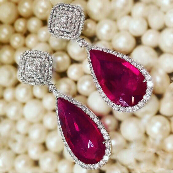 7CT Pear Cut Ruby 14k White Gold Over Diamond DropDangle Wedding Womens Earrings - atjewels.in