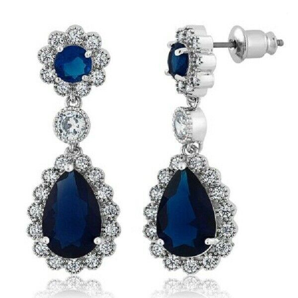 3 CT Pear Cut Blue Sapphire 14k White Gold Over Drop Diamond Chandelier Earrings - atjewels.in