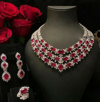 925 Sterling Sliver Oval Cut Red Ruby & Diamond Three-Layer Wedding Jewelry Set
