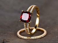 925 Sterling Silver Cushion Cut Red Garnet Diamond Split Shank Bridal Ring Set
