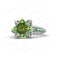 14k White Gold Over 1CT Round Cut Green Peridot & Emerald Lotus Engagement Ring - atjewels.in