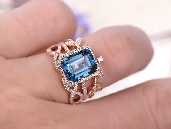 5 CT Blue Topaz Halo Engagement 925 Sterling Silver Diamond Wedding Band Ring Set