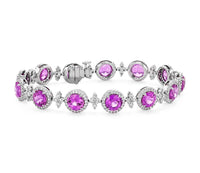 20CT Round Cut Pink Sapphire & Diamond 14k White Gold FN Halo Tennis 7" Bracelet - atjewels.in