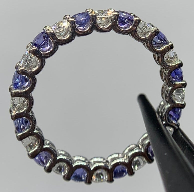 1 CT 925 Sterling Silver Blue Sapphire Round Cut Diamond Anniversary Band Ring
