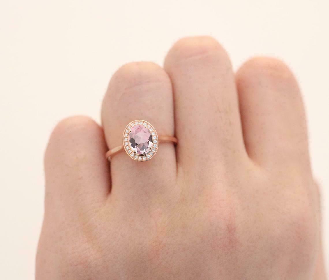 2.25 Ct Oval Cut Pink Morganite Rose Gold Over On 925 Sterling Silver Halo Engagement Ring