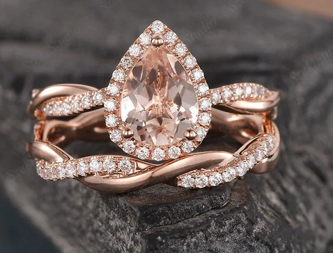 1 CT Pear Cut Peach Morganite Rose Gold Over On 925 Sterling Silver Women Halo Infinity Wedding Bridal Ring Set
