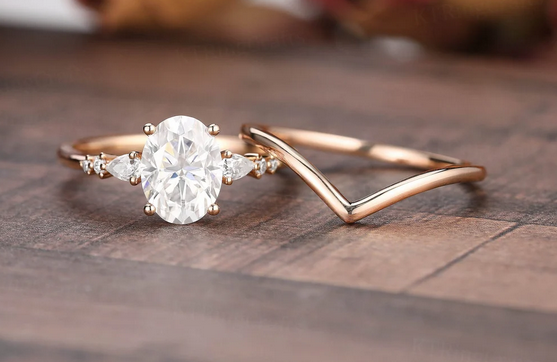 1 CT Oval Cut Rose Gold Over On 925 Sterling Silver Curved Wedding Ring Set