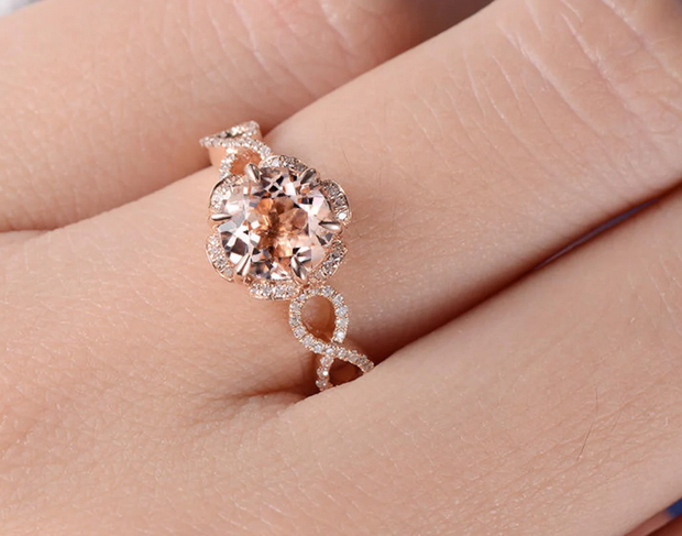 1 CT Round Cut Peach Morganite Rose Gold Over On 925 Sterling Silver Halo Women Infinity Anniversary Gift Ring