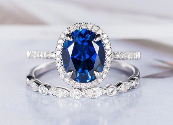 1 CT Oval Cut Blue Sapphire White Gold Over On 925 Sterling Silver Engagement Halo Ring Set