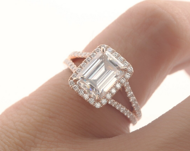 2 CT Emerald Cut Rose Gold Over On 925 Sterling Silver Split Shanks Accents Engagement Ring - atjewels.in