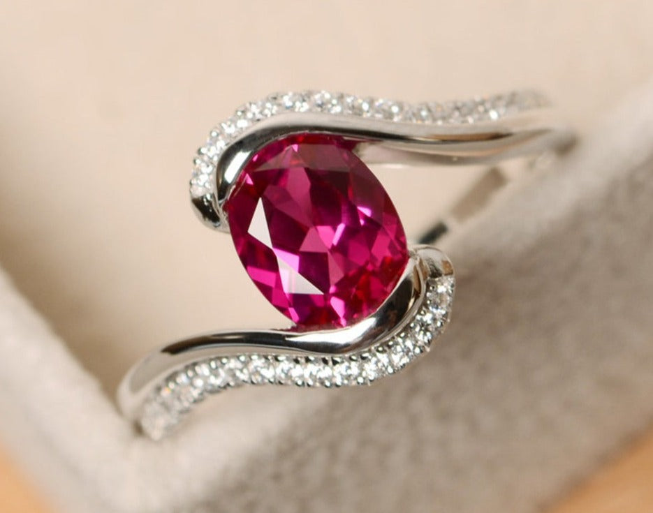 1 CT Oval Cut Red Ruby Diamond 925 Sterling Silver Engagement Halo Bypass Ring Gift For Her