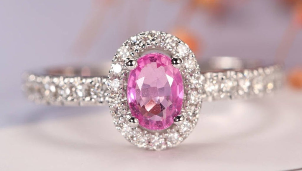 CT Oval Cut Pink Sapphire Diamond 925 Sterling Silver Halo Anniversary Promise Ring