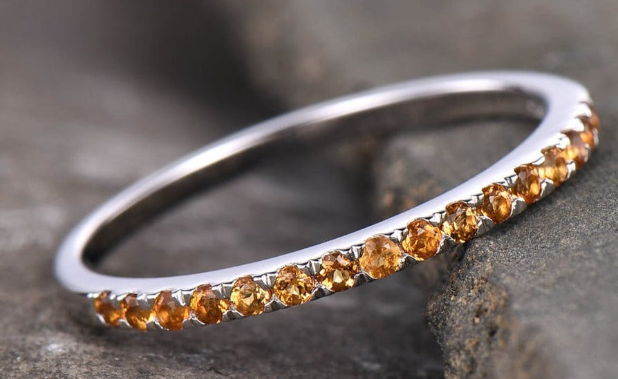 1 CT Yellow Citrine Round Cut 925 Sterling Silver Women Wedding Band Ring Gift For Her
