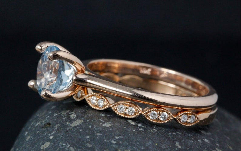 1 CT Round Cut Aquamarine Diamond 925 Sterling Silver Bridal Ring set