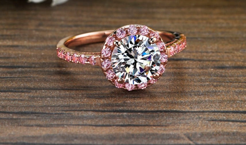 Pink Sapphire Engagement Ring Vintage Style Diamond Halo Scalloped Band -  Rare Earth Jewelry