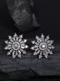 1.20 Ct Baguette & Round Cut Diamond Floral Stud Earrings In 925 Sterling Silver
