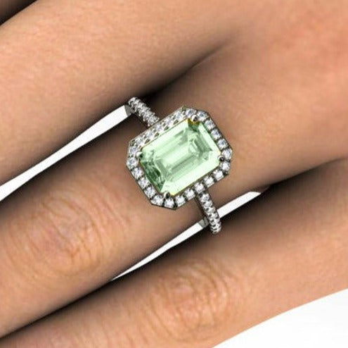 2 CT  Emerald Cut Green Amethyst Diamond 925 Sterling Silver Halo Anniversary Ring
