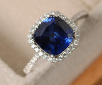 2 CT 925 Sterling Silver Blue Sapphire Cushion Cut Diamond Halo Engagement Ring