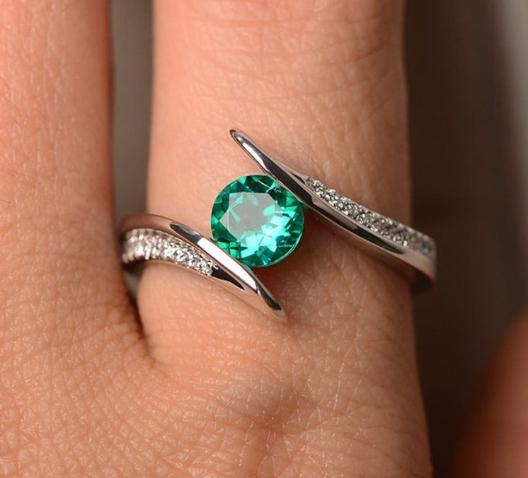 2 CT Round Cut Green Emerald Diamond 925 Sterling Silver Women Bypass Promise Ring