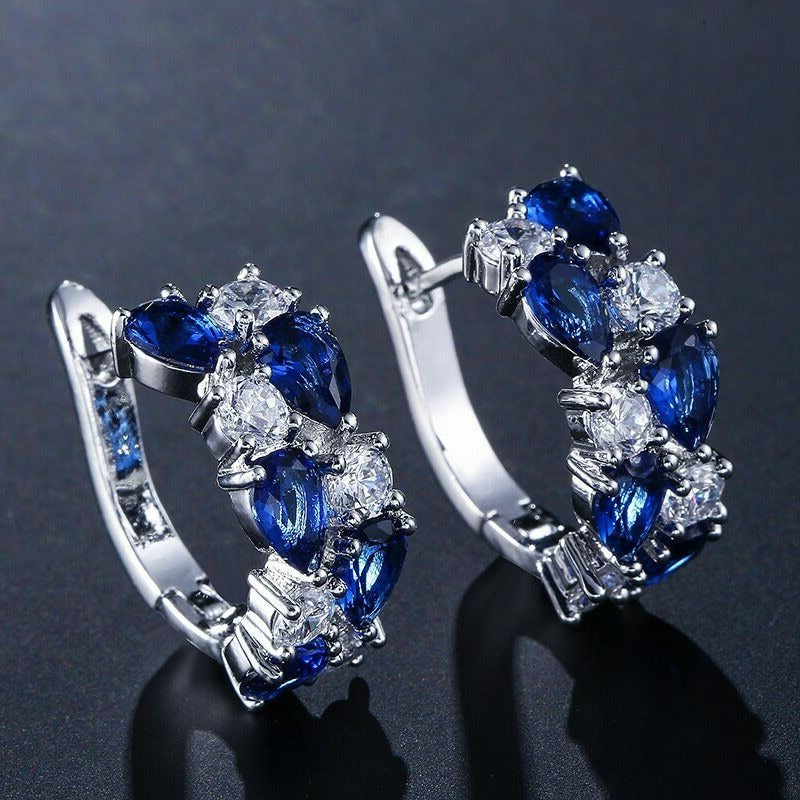 Pear Cut Blue Sapphire 2.00 Ct Women's Huggie Hoop Earrings 14K White Gold Finish On 925 Silver