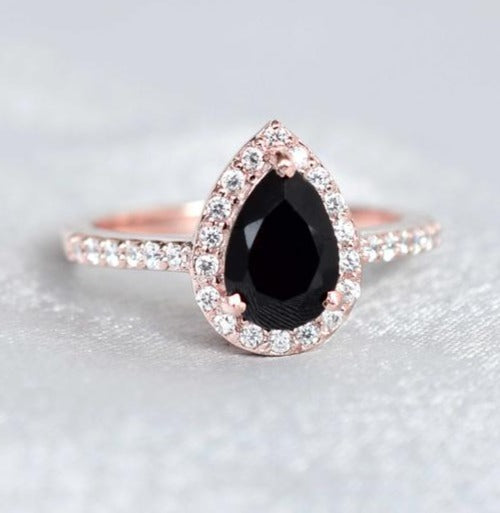 2 CT 925 Sterling Silver Pear Cut Black Cubic Zirconia Diamond Anniversary Halo Ring
