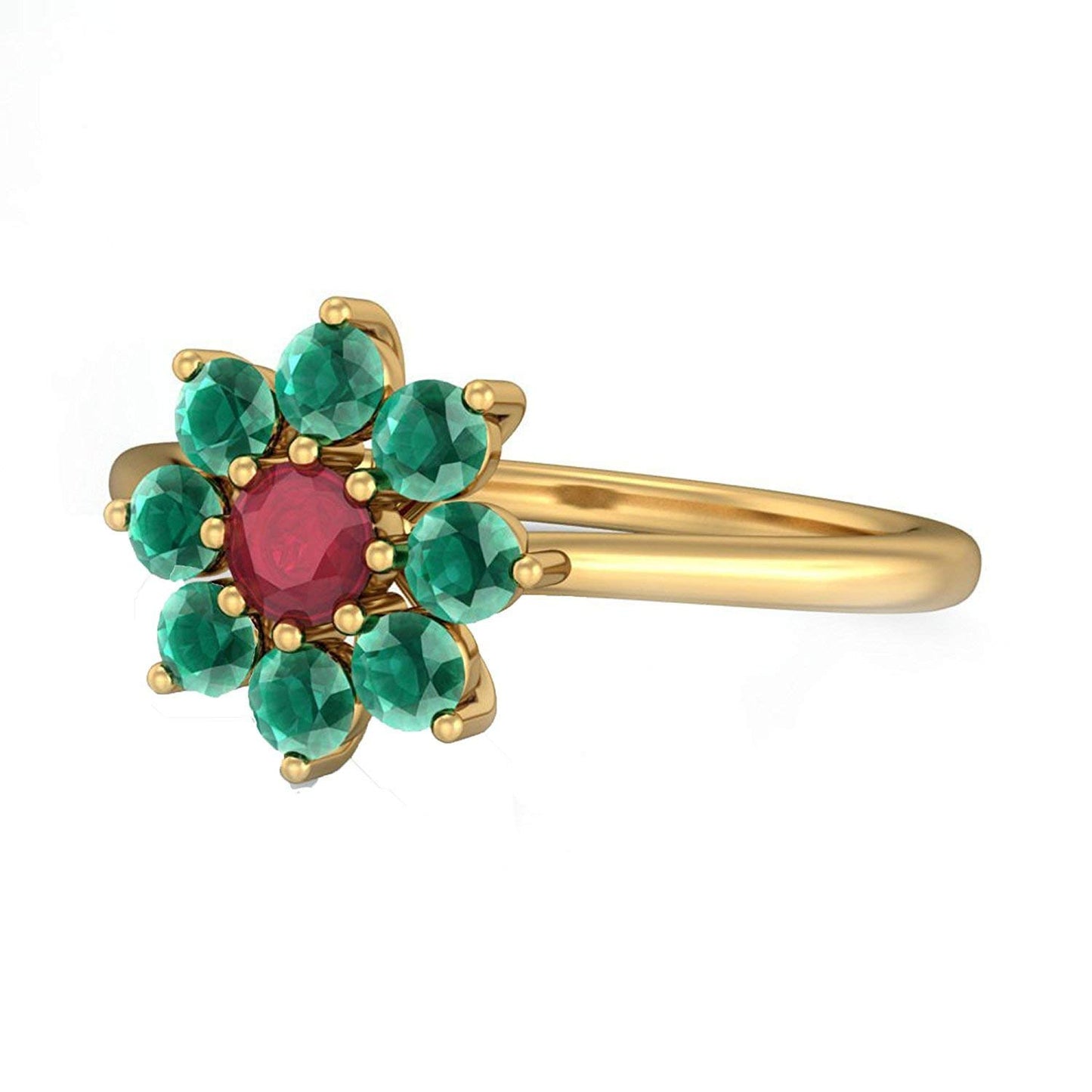 atjewels 14k Yellow Gold Over .925 Sterling Silver Round Cut Red Garnet & Green Emerald Flower Ring For Girl's And Women's For Navratri Special - atjewels.in
