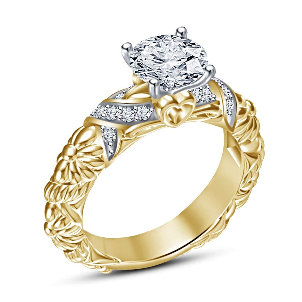 atjewels Round White Cubic Ziconia White & Yellow Gold Over 925 Sterling Silver Solitaire With Accent Ring MOTHER'S DAY SPECIAL OFFER - atjewels.in