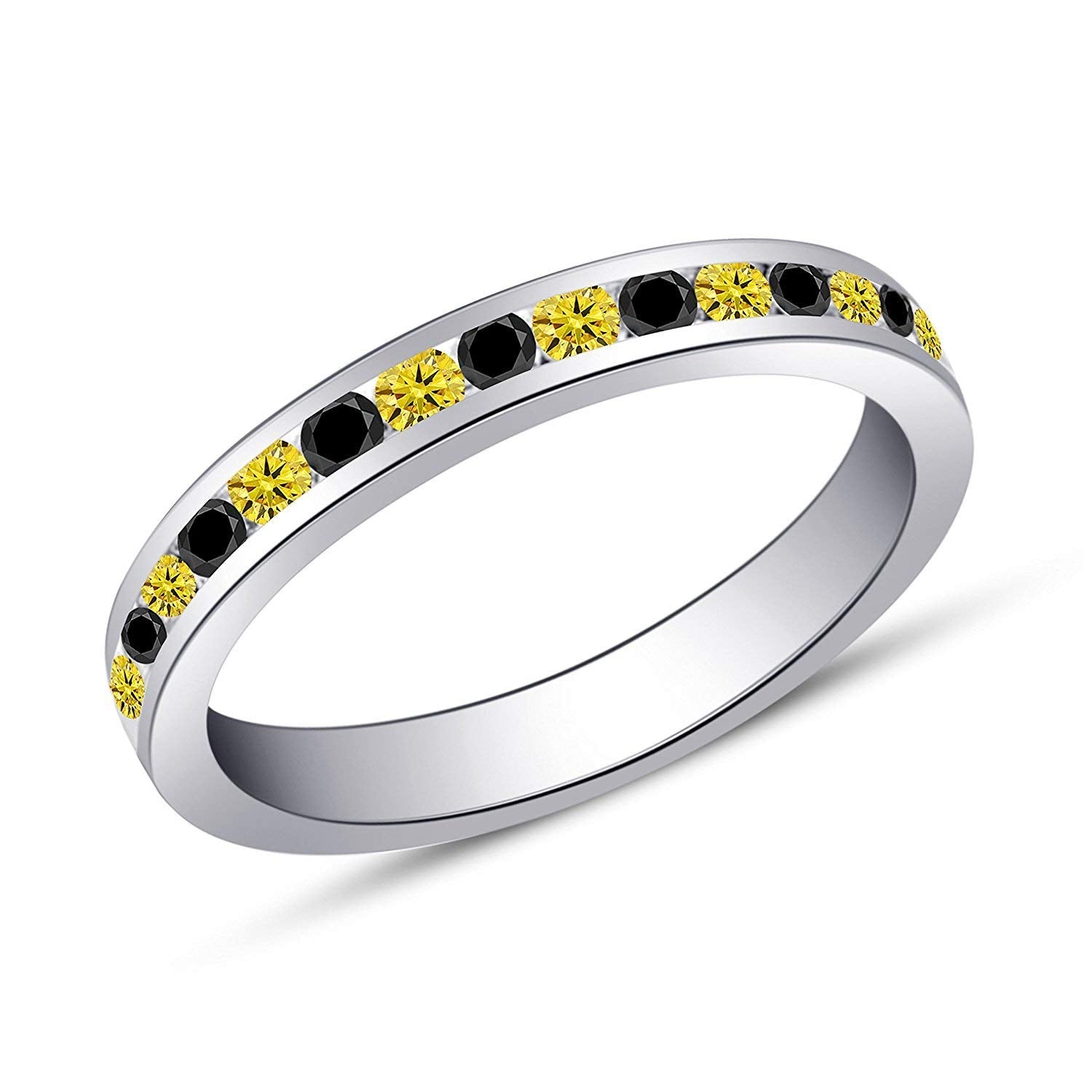 18K White Gold on .925 Sterling Silver Round Multicolor Stone Anniversary Band Ring Set For Women's - atjewels.in