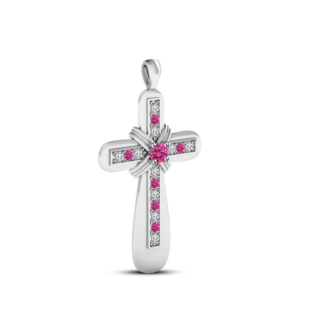 atjewels 18K White Gold On 925 Silver Round Pink Sapphire and White CZ Love and Cross Pendant MOTHER'S DAY SPECIAL OFFER - atjewels.in