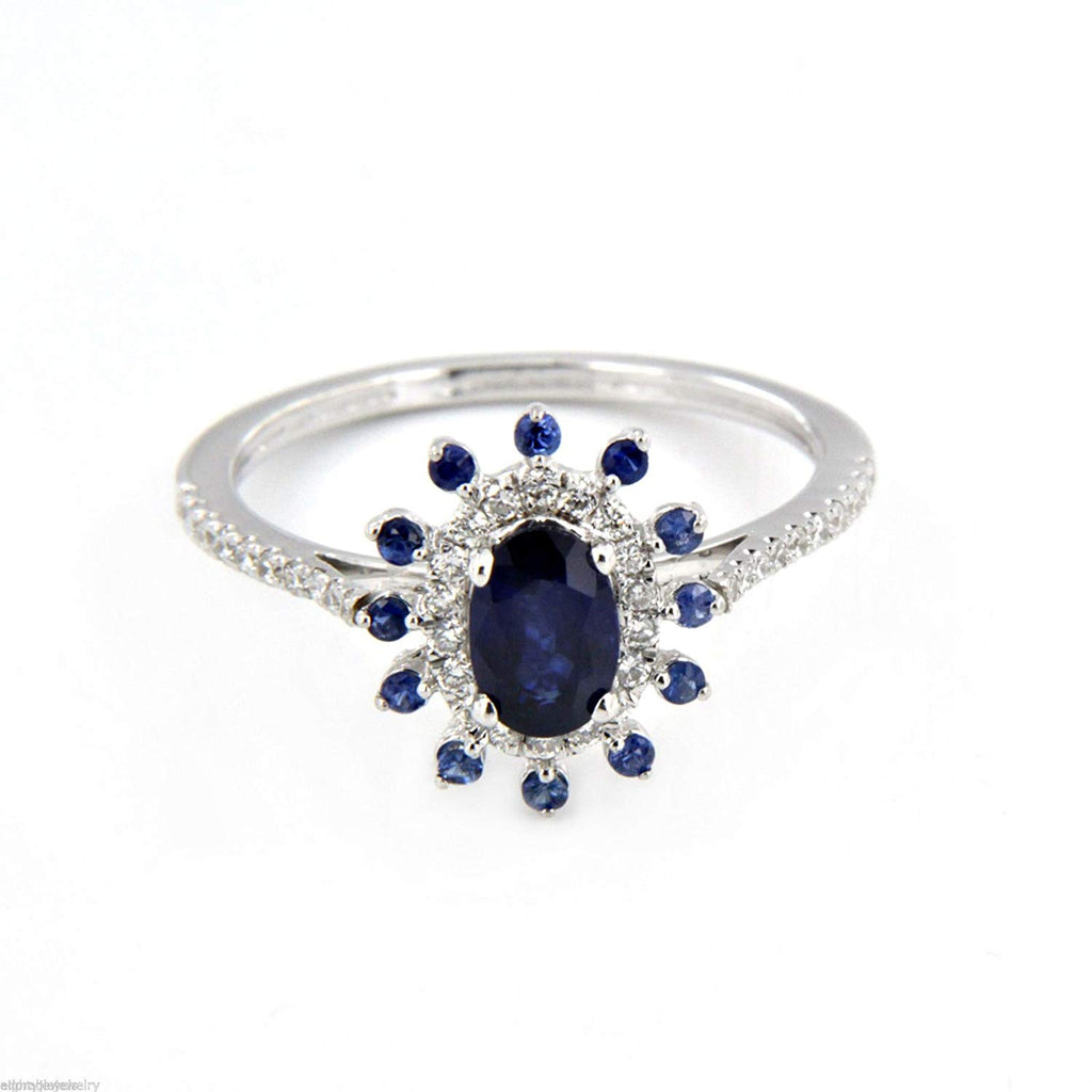 atjewels.925 Sterling Silver Oval Cut Blue Sapphire and White Cubic Zirconia Flower Ring for Women MOTHER'S DAY SPECIAL OFFER - atjewels.in