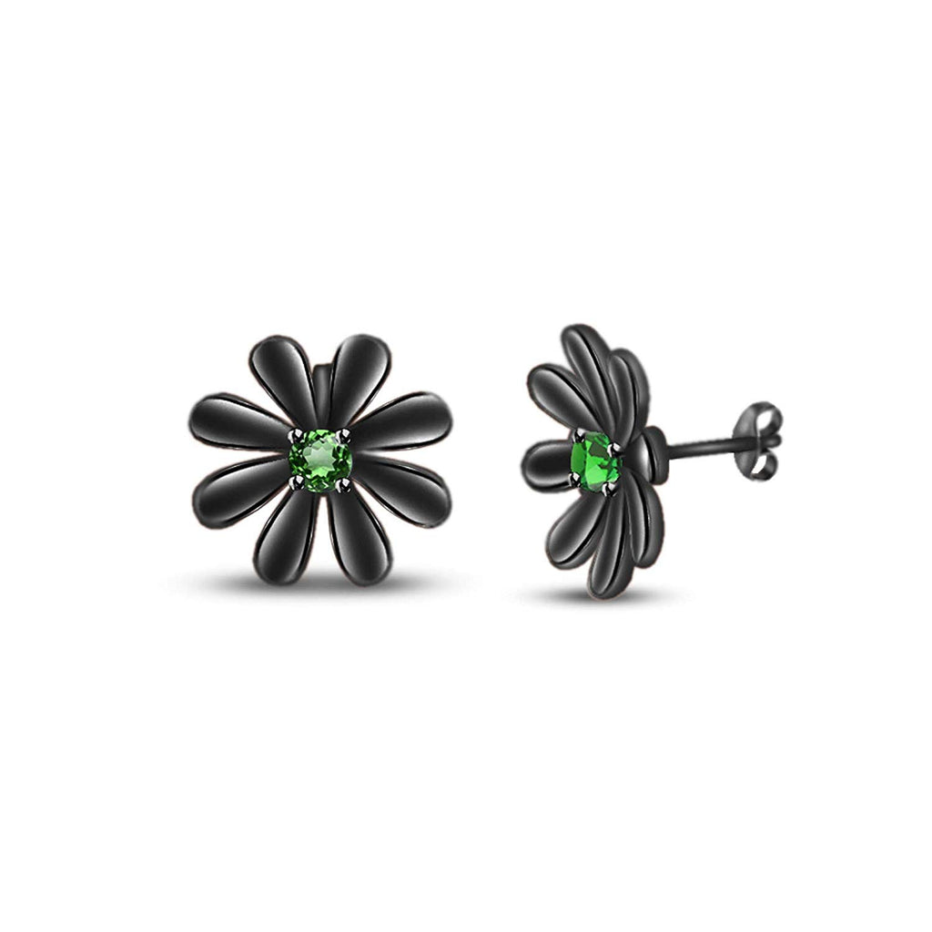 atjewels Round Cut Green Emerald Black Rhodium .925 Sterling Silver Flower Stud Earrings Girls & Wome's For MOTHER'S DAY SPECIAL OFFER - atjewels.in