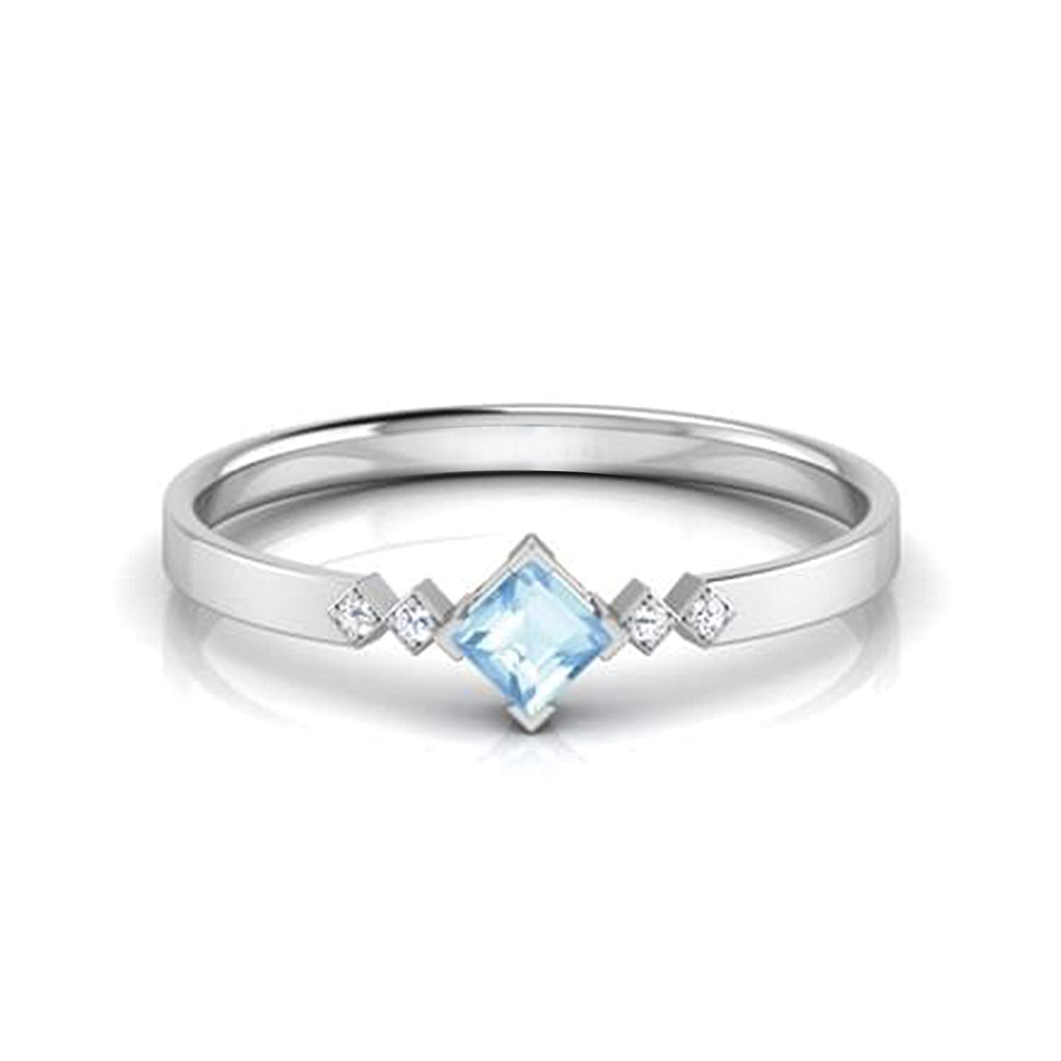 atjewels White Gold Plated 925 Sterling Silver Princess Cut Aquamarine & White CZ Five Stone Ring MOTHER'S DAY SPECIAL OFFER - atjewels.in