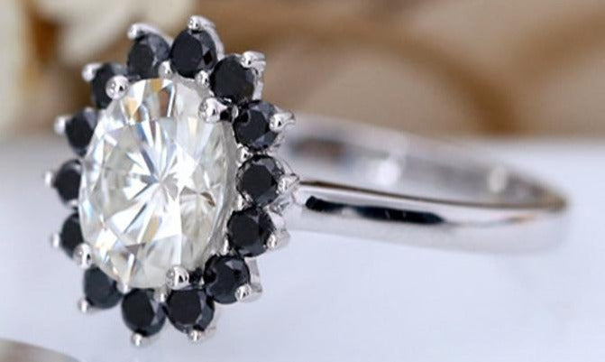 2 CT Oval & Round Cut Black Cubic Zirconia Diamond 925 Sterling Silver Women Engagement Halo Ring