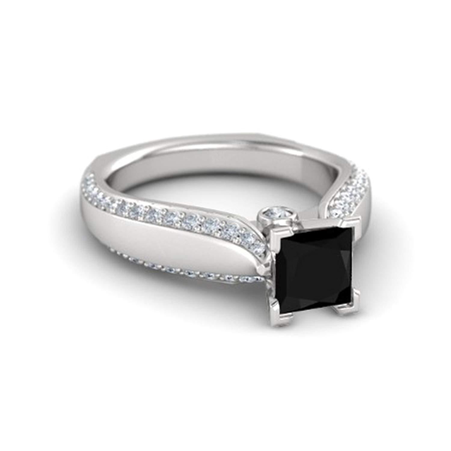 atjewels 925 Sterling Silver Black & White Zirconia  Princess J Engagement Ring MOTHER'S DAY SPECIAL OFFER - atjewels.in