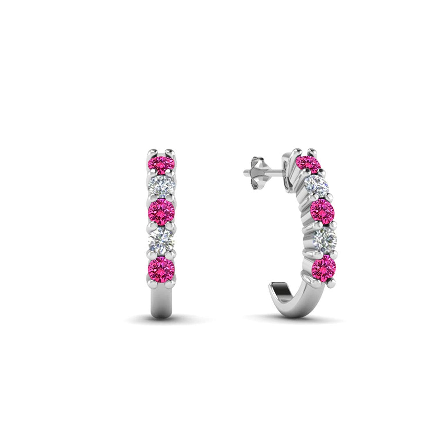 atjewels 14K White Gold Over Silver Round Pink Sapphire and White CZ Hoop J Earrings For Women's MOTHER'S DAY SPECIAL OFFER - atjewels.in