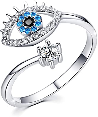 0.30 CT Round Cut Blue Topaz Diamond 925 Sterling Silver Women Engagement Evil Eye Ring