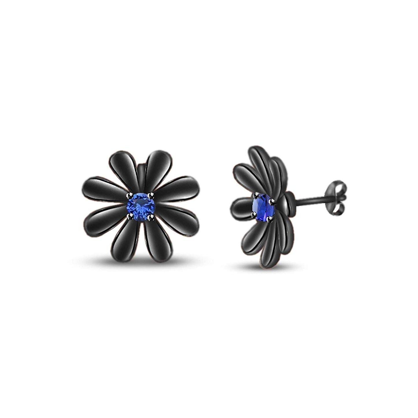 atjewels Round Cut Blue Sapphire Black Rhodium .925 Sterling Silver Flower Stud Earrings Girls & Wome's For MOTHER'S DAY SPECIAL OFFER - atjewels.in