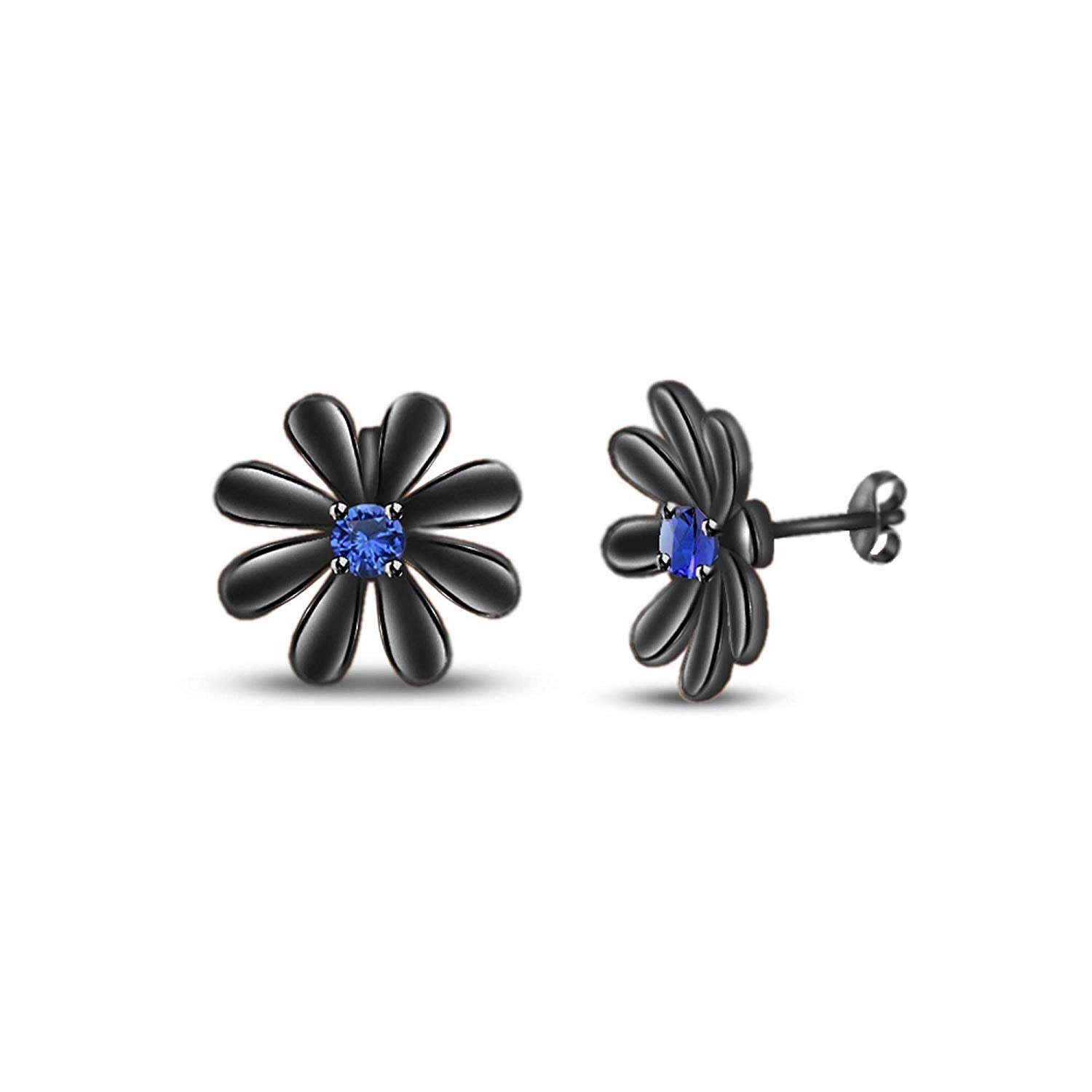 atjewels Round Cut Blue Sapphire Black Rhodium .925 Sterling Silver Flower Stud Earrings Girls & Wome's For MOTHER'S DAY SPECIAL OFFER - atjewels.in