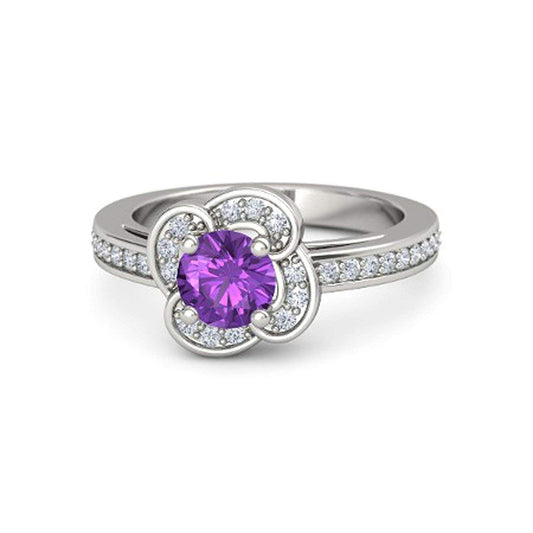 atjewels Round Cut Purple Amethyst & White CZ .925 Sterling Silver Engagement Flower Ring For Women's and Girl's For Diwali Special - atjewels.in